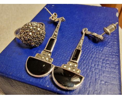 Pair of Art Deco Silver &amp; Black Onyx/Jet Earrings - possibly w/diamonds - test inconclusive &amp; a Silver and Marcasite 