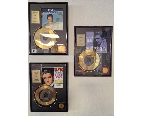 Trio of Graceland Retail (USA) Bought Framed Elvis Presley Commemorative 24ct Gold-Plated Single Vinyl Record Discs, inc Retu