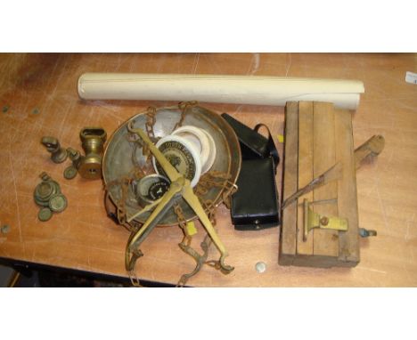Vintage brass pan scales and weights, voltmeter & mortising plane