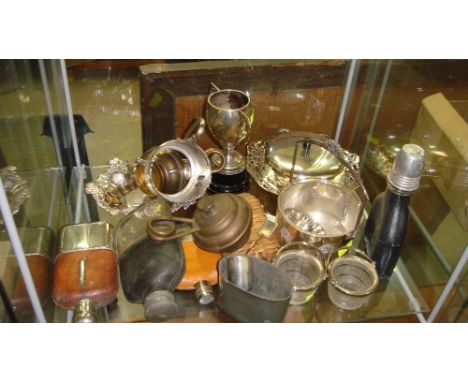 Shelf of assorted silver plated ware including hip flasks