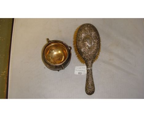 Silver repousse work ladies dressing table brush with monogramme Birm. 1902 & silver plated sugar bowl shaped as cauldron