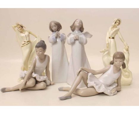 Two Lladro figures, two Nao figures and two Royal Doulton ladies. Condition report: see terms and conditions