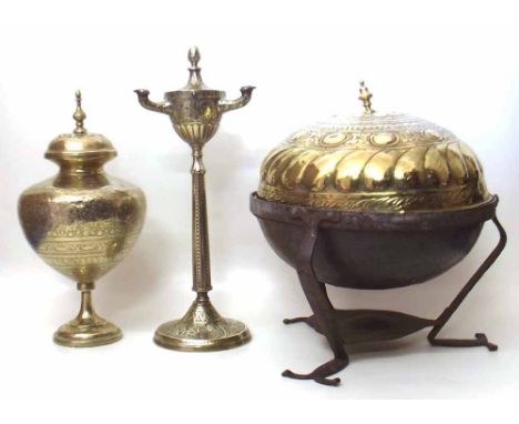 Indian brass lamp, vase and lidded dish. Condition report: see terms and conditions