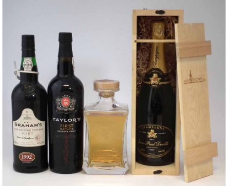 Mixed lot to include Graham's LBV Port 1992, Taylor's First Estate reserve port, Jean-Paul Deville Carte Noire in case, and a