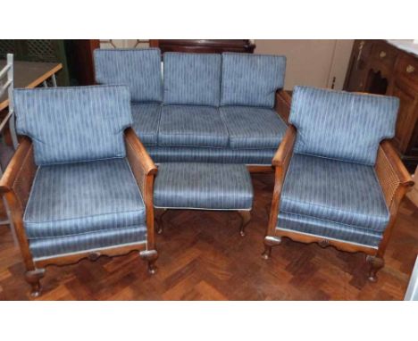 Bergere three piece suite with similar stool. Condition report: see terms and conditions