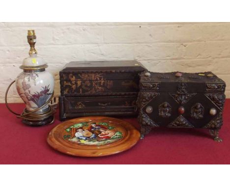 Tibetan style jewellery box and costume jewellery, also a Japanese jewellery box, oriental lamp and a painted wood plaque. Co