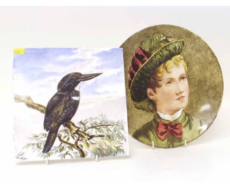 Minton hand painted tile initialled LS 1875 painted with a kookaburra also a plate painted with a portrait Condition report: 