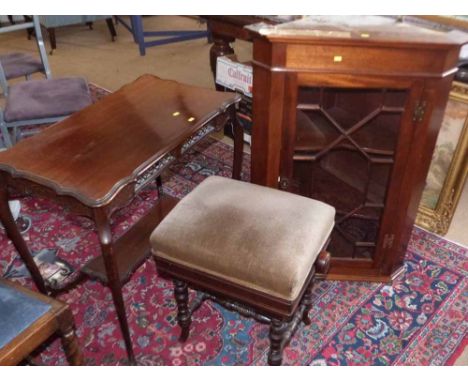 Edwardian rise and fall piano stool, reproduction corner cupboard and occasional table. Condition report: see terms and condi