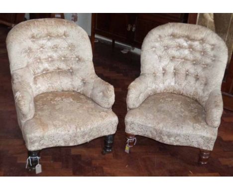Near matching pair Victorian button back upholstered chairs Condition report: see terms and conditions