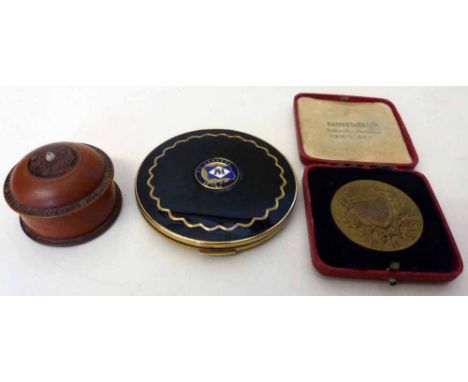Powder compact with enamel crest. SS Perseus, swimming medal, wooden box and counters Condition report: see terms and conditi