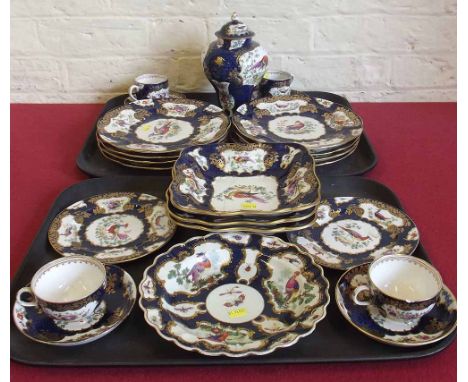 Booths blue scale exotic bird ware in the style of First Period Worcester, to include eight plates, two side plates, four cup