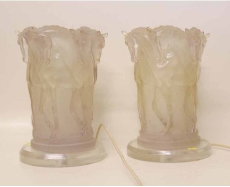 Two lalique style horse lamp bases. Condition report: see terms and conditions
