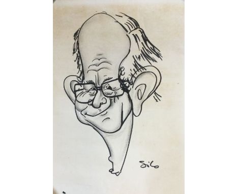 An unframed pen caricature; possibly a self-portrait of 'Giles'? Signed. Approx. 35 cms x 50 cms. 