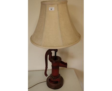 Decorative table lamp made from a cast metal water pump, complete with cream lampshade (height approx. 86cm) 