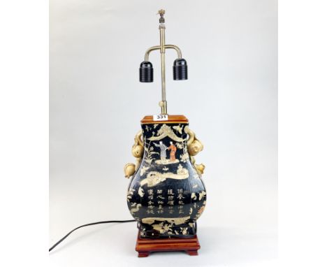 An impressive mid 20th C Chinese hand painted porcelain table lamp base, H. 64cm.