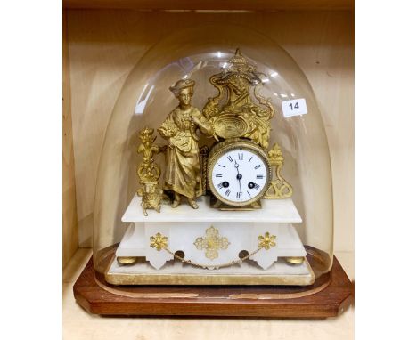 A 19th C French Alabaster and gilt brass mantel clock under dome, overall H. 43cm.