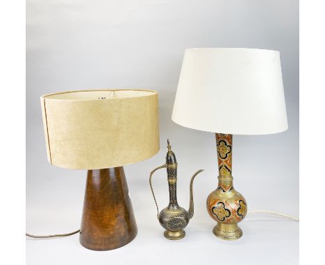 A turned wooden table lamp with suede leather shade (H. 50cm), together with an Eastern enamelled brass table lamp and coffee