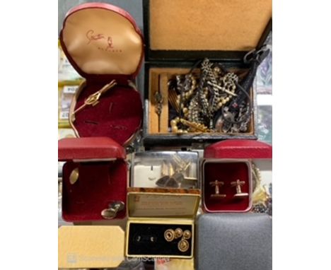 A box of mixed costume jewellery, including vintage cufflinks, tie pins etc.