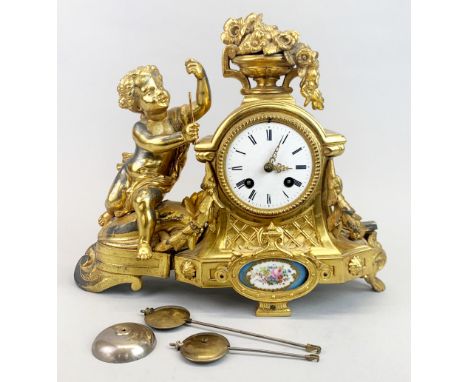 A 19th C French Sevres style gilt metal mantel clock, H. 28cm.