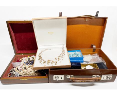 A vintage case of costume jewellery etc with a wooden case of costume jewellery.