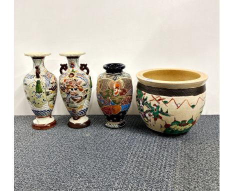 A Chinese hand enamelled porcelain planter, Dia. 28cm, H. 22cm, together with three Japanese vases.