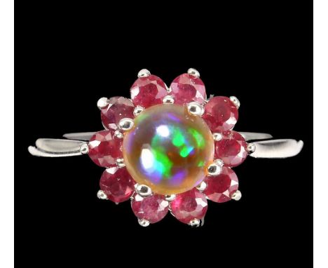 A matching 925 silver flower shaped ring set with opal and rubies, (O).