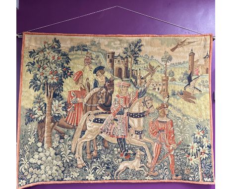 A large woollen tapestry with brass pole 170 x 129cm.