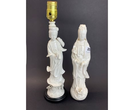 Two fine Chinese Blanc de Chine figures of the Goddess Guanyin, one mounted as a table lamp, H. 30cm.