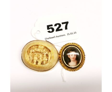 A 19th C 9ct yellow gold mounted Chinese carved bone brooch, W. 4cm, together with a 19th C 15ct gold (tested) mounted portra