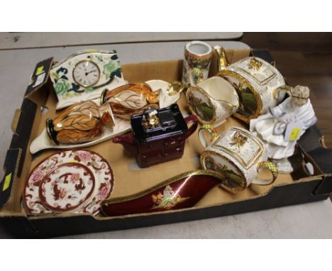 Box of china, Masons Chartreuse mantle clock, decorative vases, ornaments etc  