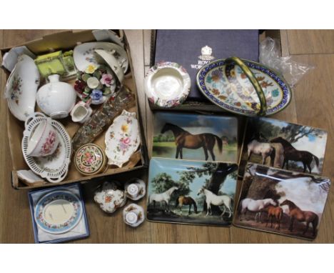 Two boxes of decorative china, Royal Worcester horse plates etc 