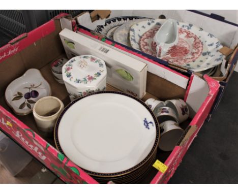 Two boxes of ashettes, blue and gold coloured plates, Royal Worcester fruit patterned ramekins etc  