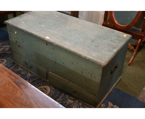 Green painted trunk or tool chest with two drawers under, 110 cm long x 52 cm wide x 52 cm high 