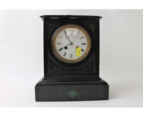Black slate mantle clock with green inlaid decoration and key
