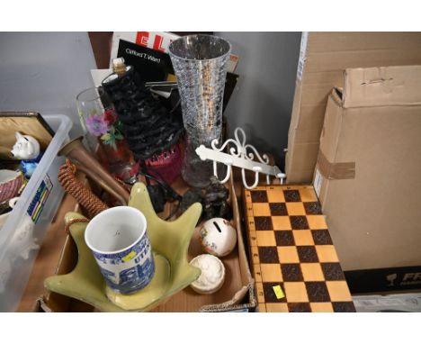 Chessboard, box of lights, brass bugle and ornaments etc