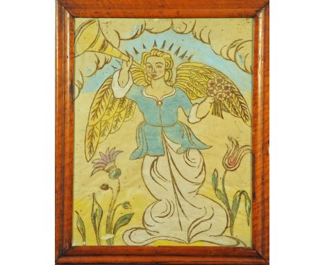 A portrait of a trumpeting angel, 19th century, framed by clouds of flowers, gouache, within a maple frame.  59 cm x 46 cm.