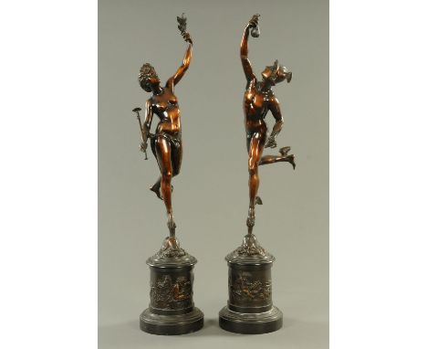 After Giambologna, a pair of bronze figures, Mars and Venus, each raised on a black slate cylindrical base with relief bronze