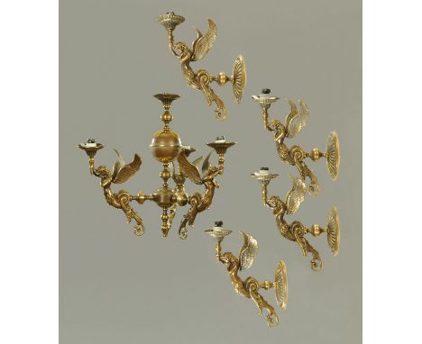 A gilt brass chandelier and four matching wall lights, with winged mermaid supports.  Chandelier diameter +/- 66 cm, height e