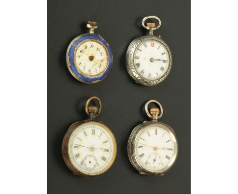 Two silver cased ladies fob watches, each with enamelled dial, one having a subsidiary seconds dial, both with Roman numerals