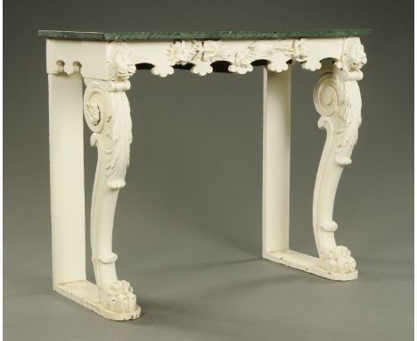 A Victorian painted console table, with applied carved mouldings, lion masks and cabriole legs.  Width 102.5 cm. 