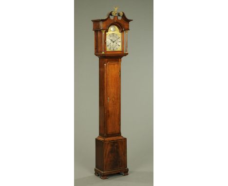 An early 19th century inlaid mahogany cased grandmother clock, with arched silvered brass dial and two-train striking movemen