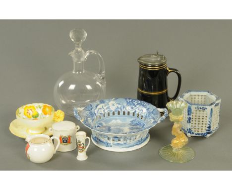 A Copeland Spode basket, Art Deco Paragon cup and saucer, Venetian glass candlestick, three pieces of commemorative ware, pew