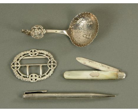 A silver brooch, Rosenthal Jacob & Co., late 19th century, date marks rubbed, French assayed silver spoon with embossed bowl,