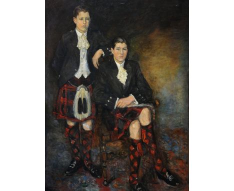 Christiane Brix Klitgaard-May (British 1876-1954), large oil painting on canvas, portrait of gentlemen in Highland dress, wit