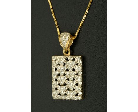 A 9 ct gold rectangular diamond set pendant, with fine link chain stamped "18 k", 6.7 grams gross. Pendant 22 mm x 15 mm. 