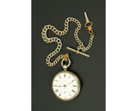 A 19th century silver cased pocket watch, open faced, with enamel dial marked "G. Mathey, Geneve" and with Albert chain.  Cas