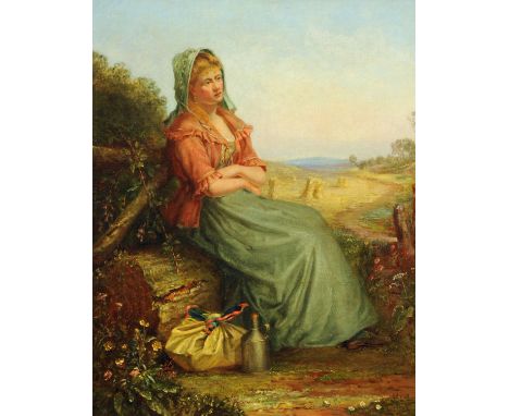 English School, 19th century, young female resting on trunk with food parcel and flagon on the floor, haystacks beyond, oil o