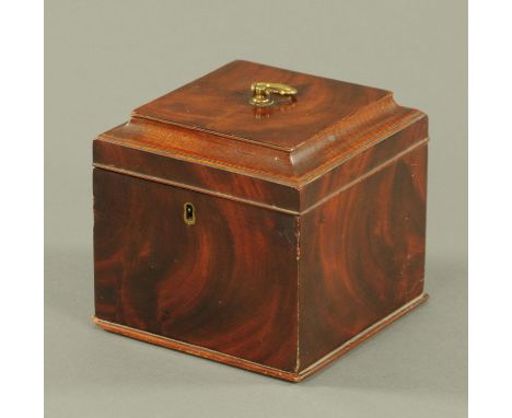 A George III mahogany tea caddy, late 18th century, square form with well figured mahogany veneer, the interior zinc lined, b