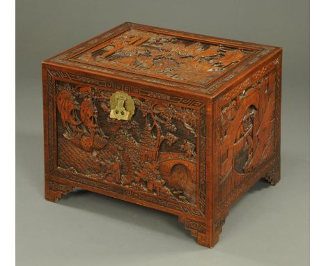 A Burmese carved camphorwood rectangular trunk, with brass lock and hinges.  Width 76 cm. 