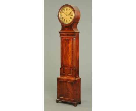 A Regency mahogany Scottish drumhead longcase clock, with gilt painted dial with Roman numerals and with two-train striking m